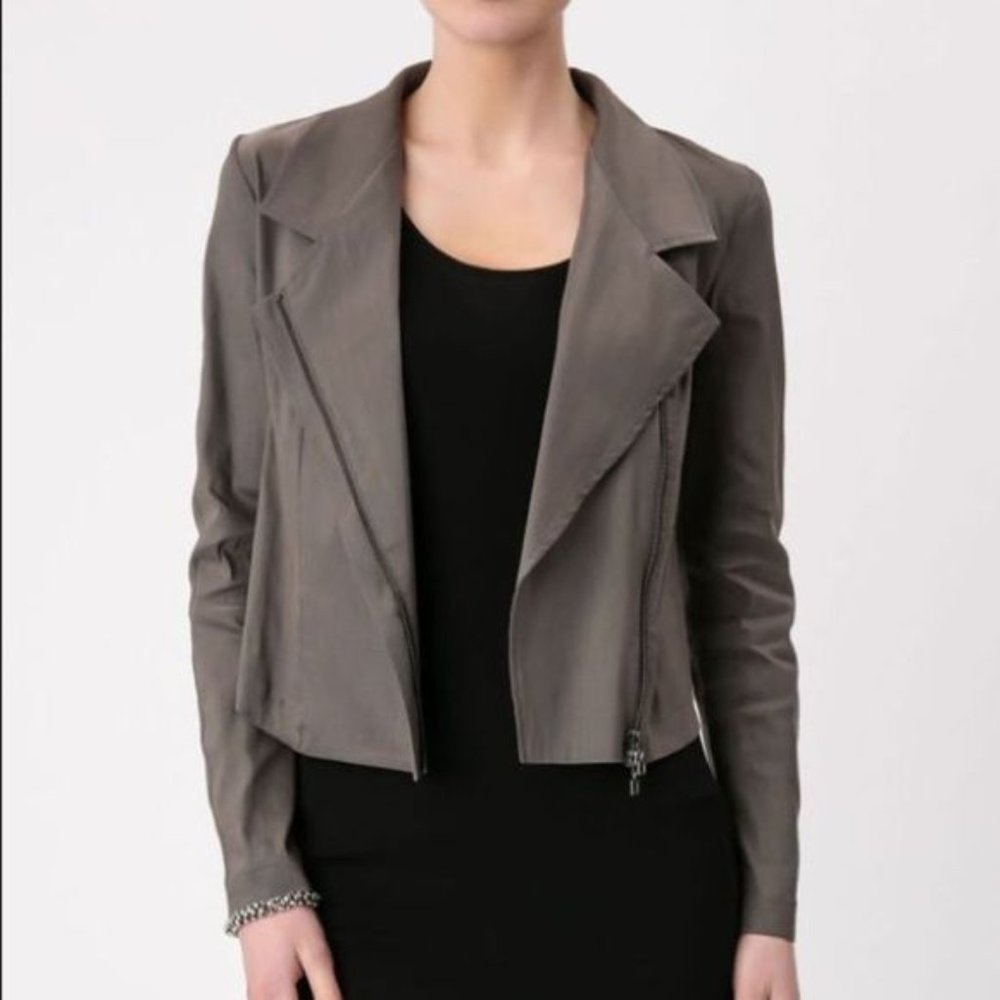Sarah Pacini grey linen blend fitted zip jacket